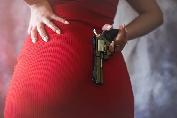 Female Spy Agent Wear Red Dress Handgun Isolated Crime Concept — Stok fotoğraf