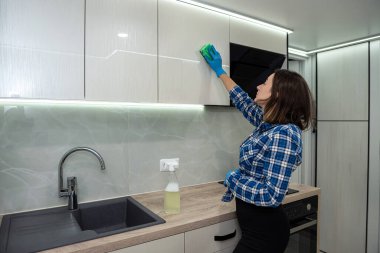 beautiful young woman is cleaning while smiling while doing this in a modern kitchen. cleaning is a joy. the woman cleans. clean house