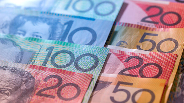 Colorful of Aussie Aud Australian money as currency background. Money and finance.