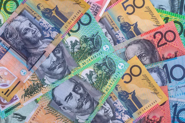 Australian Bank Zauważa Dolary Aud Aussie Tło Koncepcja Oszczędności Pieniędzy — Zdjęcie stockowe