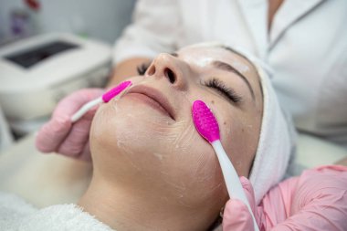 Kozmetik uzmanı spa salonundaki kadın müşterisiyle yüzleşmek için özel bir fırça kullanıyor. Güzellik merkezi, cilt bakımı