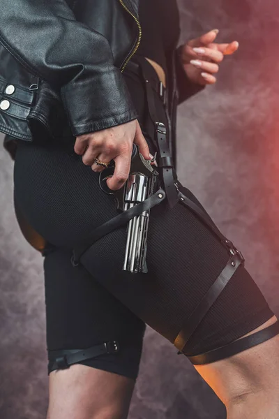 Slim Woman Wearing Leather Black Jacket Clothes Handgun Isolated — Stockfoto