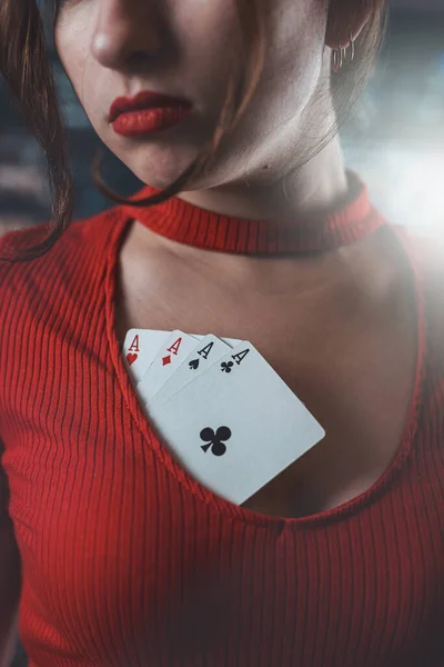 Beautiful Girl Red Dress Neckline Which Poker Cards Woman Poker — Φωτογραφία Αρχείου