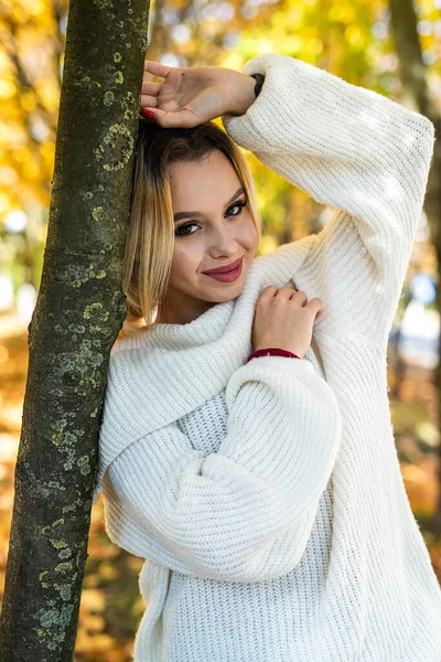 Piękna Szczęśliwa Uśmiech Młoda Kobieta Nosić Casual Tkaniny Jesiennym Lesie — Zdjęcie stockowe