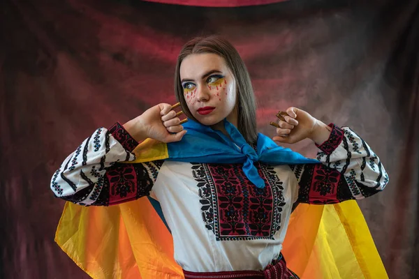 Pretty Sad Ukrainian Woman Wear National Dress Clothes Flag Support — Stock Photo, Image