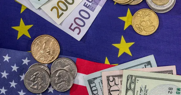 Ηπα Και Ευρώπη Εθνική Σημαία Χρεώσεις Δολάριο Ευρώ Υπόβαθρο Χρηματοδότησης — Φωτογραφία Αρχείου