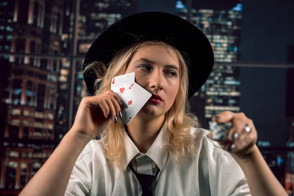 Beautiful Caucasian Woman Poker Cards Her Face Covering Herself Gambling — Stock Photo, Image