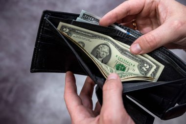 Business Man in suit accounting dollar money from the wallet, financial concept