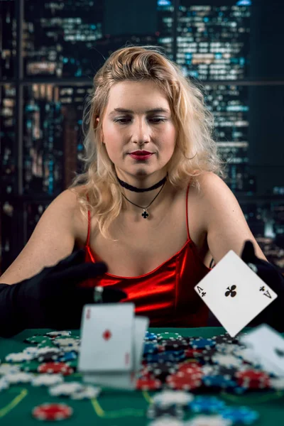 Young Woman Holding Playing Cards Aces Casino Unemotional Face — Stock Photo, Image