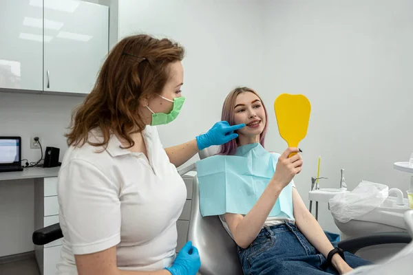 Happy Female Patient Enjoying Her Beautiful Toothy Smile Looking Mirror — Stock Photo, Image