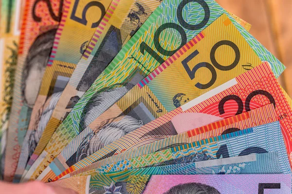 Colorful of Aussie Aud Australian money as currency background. Money and finance.