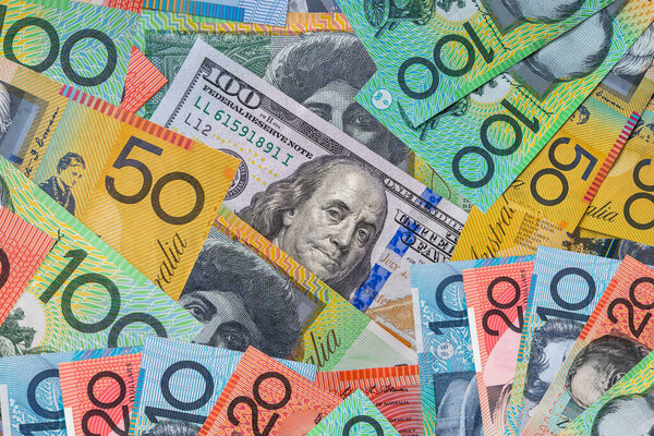 America Australian usd vs aud dollar money background. Exchange concept. Finance