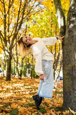 Sonbahar ormanlarında yürüyen neşeli genç bir kadın. Park. Özgürlük yaşam tarzı