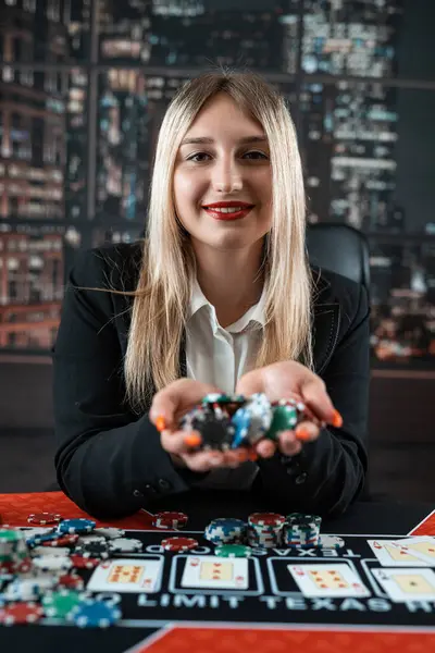 woman playing in casino and make a bet with chips all in, gambling concept