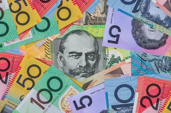 Colorful of Aussie Aud Australian money as currency background. Money and finance.
