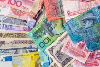 Birçok farklı kağıt banknotun finans geçmişi. Dünya parası. Yatırım