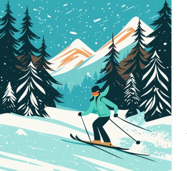 Kayakçı ormanda serbest kayak yapıyor, karlı dağ manzarası, vektör 10.