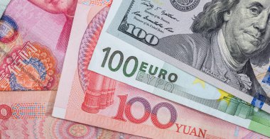 Dünya Savaşı parası Amerikan doları, avro ve Çin Yuanı. Finans arka planı