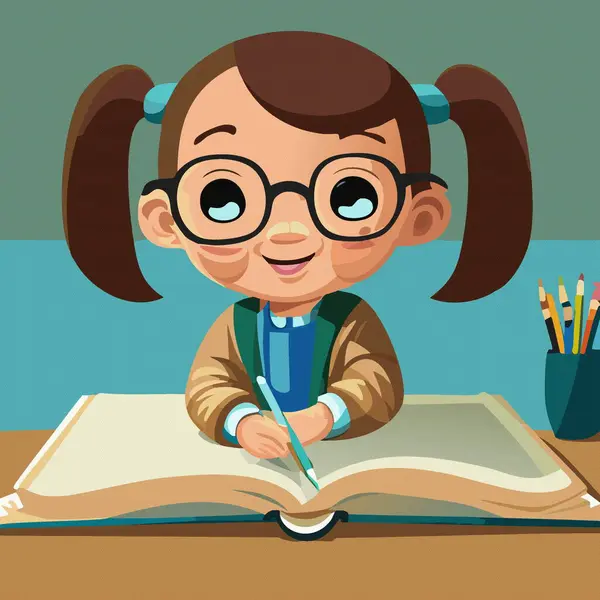 漫画の少女は本を読み テーブルの上の宿題をする ベクター — ストックベクタ
