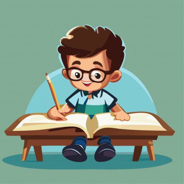 Küçük çocuk masada oturup kitap okuyor, öğreniyor ve ödev yapıyor. Vektör