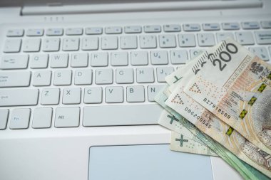 PIn 200 zloty Polonya parası dizüstü bilgisayarda, tasarruf kavramı