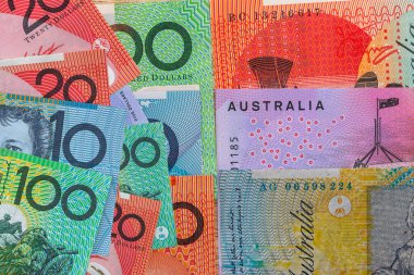 Australian Bank, arka plan için Avustralya doları (AUD) kaydediyor. Para ve tasarruf kavramı