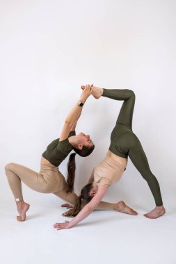 Spor giyimli iki atletik beyaz kadın birlikte spor yogası veya izole edilmiş pilates egzersizleri yapıyorlar. Yaşam tarzı olarak herkes için takım çalışması sporu