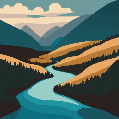 Yaz mevsimi doğa nehrinde turizm zamanı Orman dağları boyunca akar Vektör illüstrasyon 10 ep