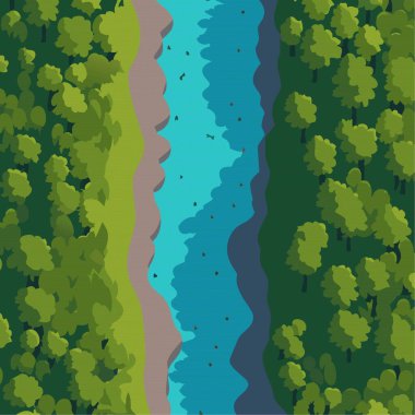 Orman dağlarındaki güzellik nehri ile yaz zamanı Vector illüstrasyonunun en üst görüntüsü.