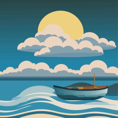 Yaz denizi, tekne ve güneşli, yaz tatilinde tekne yolculuğu yaz mevsimi vektör ilüstrasyonları 10 ep