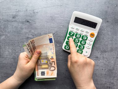 Avro parasını hesap makinesiyle hesaplayan bir kadın masraflar için parayı nasıl bölüşeceğini hesaplıyor. Kaydetme kavramı