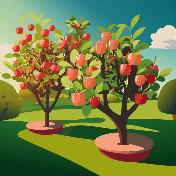 Sommer Landschaft Apfelgarten Grden Mit Grünen Apfelbäumen Vector Illustration Eps — Stockvektor