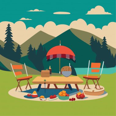 Yaz mevsimi piknik sepeti ve manzaranın arka plan illüstrasyon vektörü 10 eps sağlıklı yiyecek.