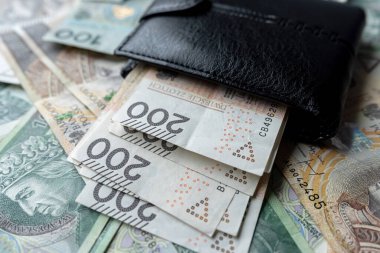 Siyah cüzdanında 100 Polonyalı Zloty PLN banknotu. Finansal tasarruf kavramı