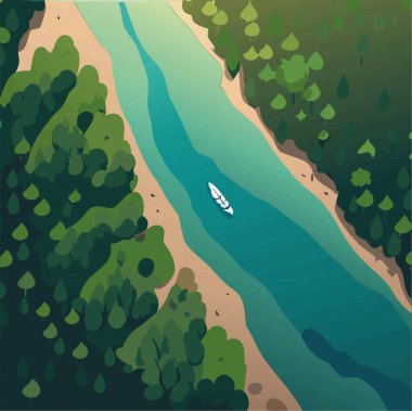 Orman dağlarındaki güzellik nehri ile yaz zamanı Vector illüstrasyonunun en üst görüntüsü.