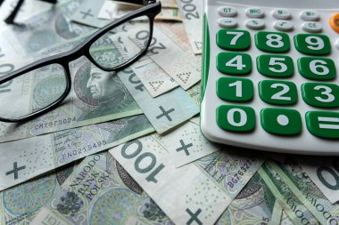 Zloty paralarını hesap makinesiyle ve gözlüklerle biriktirmek finansal konsepti kurtarır. Hesaplama ve muhasebe