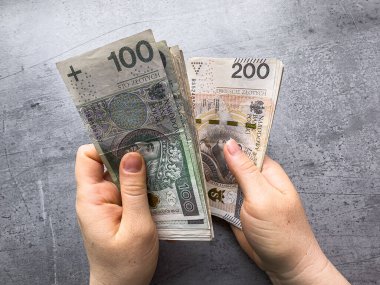 Kadın Polonyalıların parasını tutuyor ve 100 zloti zloti banknot sayıyor, ödeme için maaş alıyor. Mali konsept