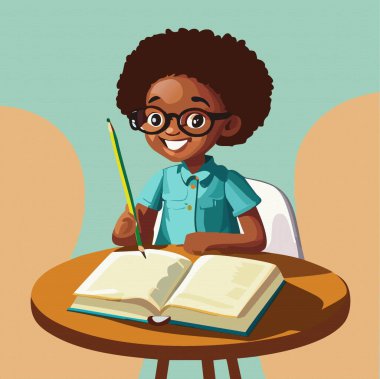 Çizgi film okuyan küçük kız kitap okuyor masanın üzerinde oturuyor ve ödevini yapıyor. Vektör