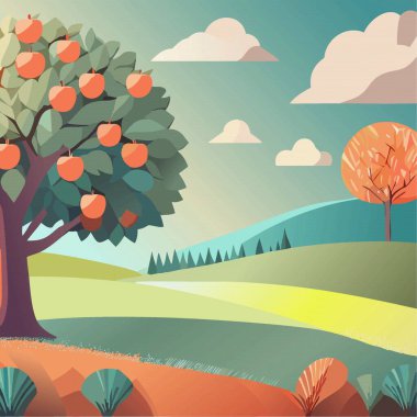 Kırmızı elma meyveli elma ağacıyla yaz manzarası. Vektör illüstrasyonu 10eps a