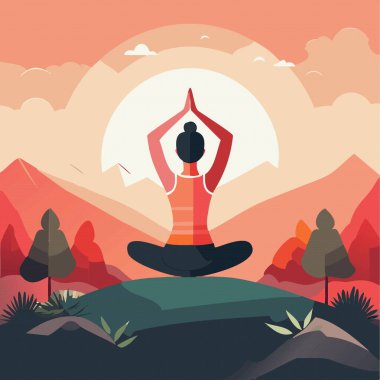 Dağlarda yoga egzersizi yapan bir kadın, güzellik gün batımı. Dünya meditasyon günü. Vektör illüstrasyonu