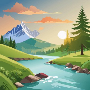 Yaz mevsimi, arka planda dağ sıraları olan bir nehir veya göle yansıyan orman gezisi zamanıdır. Vektör illüstrasyonu