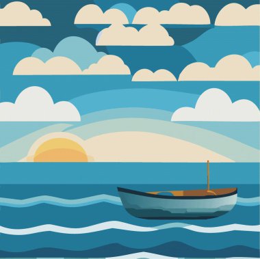 Yaz denizi, tekne ve güneşli, yaz tatilinde tekne yolculuğu yaz mevsimi vektör ilüstrasyonları 10 ep