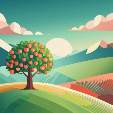 Kırmızı elma meyveli elma ağacıyla yaz manzarası. Vektör illüstrasyonu 10eps a