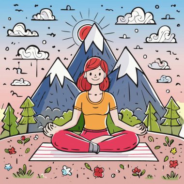 Güneşli yaz günlerinde doğada yoga yapan bir kadın. Sağlıklı yaşam tarzı kavramı. Vektör illüstrasyonu