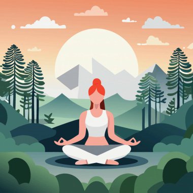 Dağlarda yoga egzersizi yapan bir kadın, güzellik gün batımı. Dünya meditasyon günü. Vektör illüstrasyonu