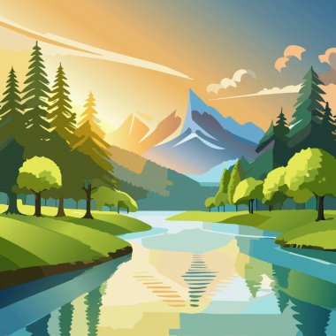 Göl ve ormanlı yaz manzarası, gölün üstündeki dağlarda gün batımı. Vektör illüstrasyonu