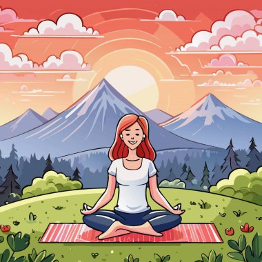 Güzel bir günbatımında doğa dağında meditasyon yogası yapan bir kadın. Rahatla sağlıklı yaşam tarzı konsepti, Vektör illüstrasyonu