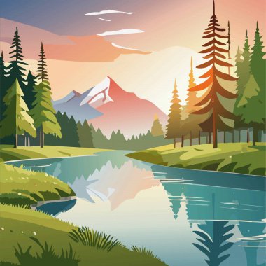 Orman gölü ve dağ arka planda, günbatımında. Doğa manzarası, Vektör illüstrasyonu 10eps