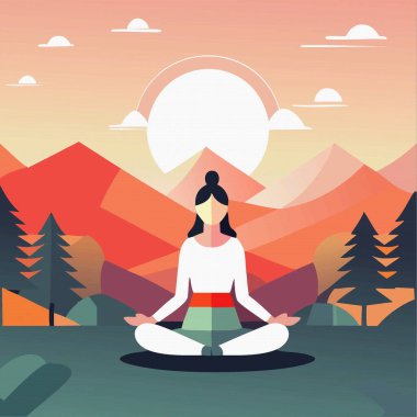 Dağlarda yoga egzersizi yapan bir kadın, güzellik gün batımı. Dünya meditasyon günü. Vektör illüstrasyonu