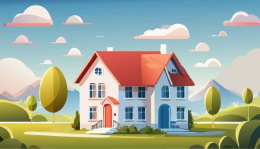 Evle yaz zamanı, tarlayla manzara, mavi gökyüzü. Vektör illüstrasyonu a